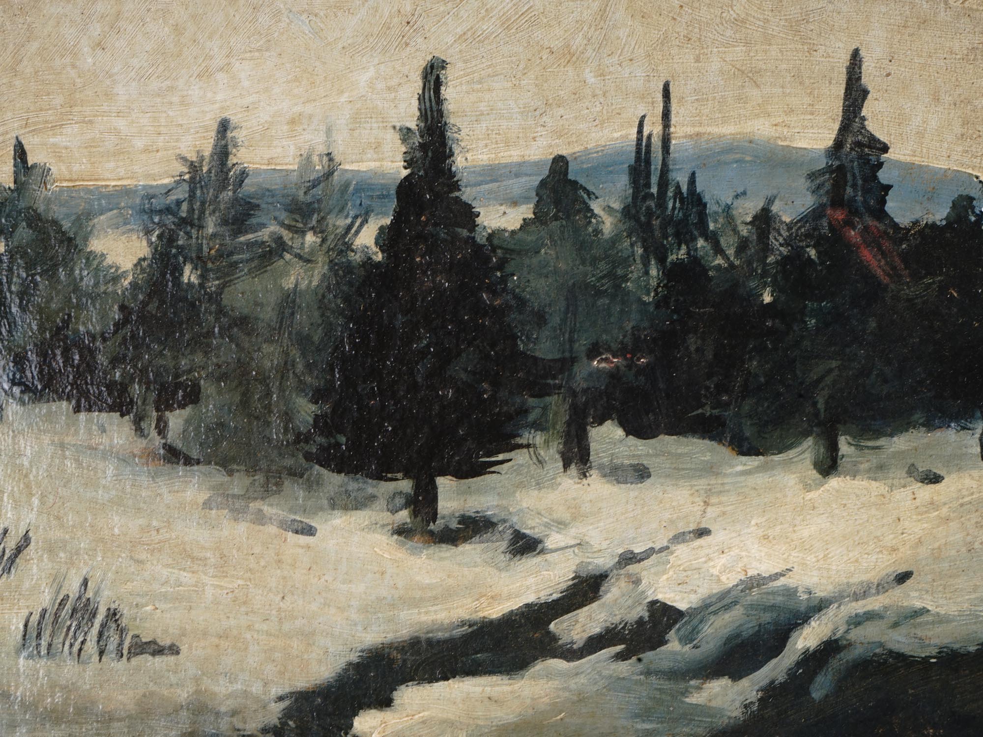 ANTIQUE WINTER LANDSCAPE OIL PAINTING ON BOARD PIC-1